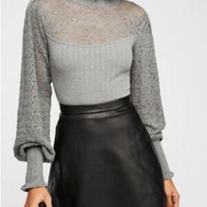 FREE PEOPLE Alpine Gray Lace Knit Long Sleeve Top